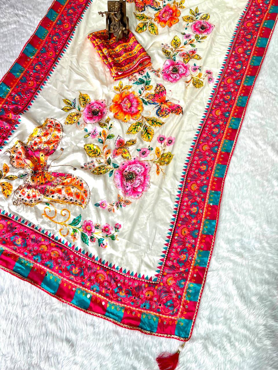 Premium Ivory Butterfly Embroidery Saree with Hot Pink & Teal Designer Border