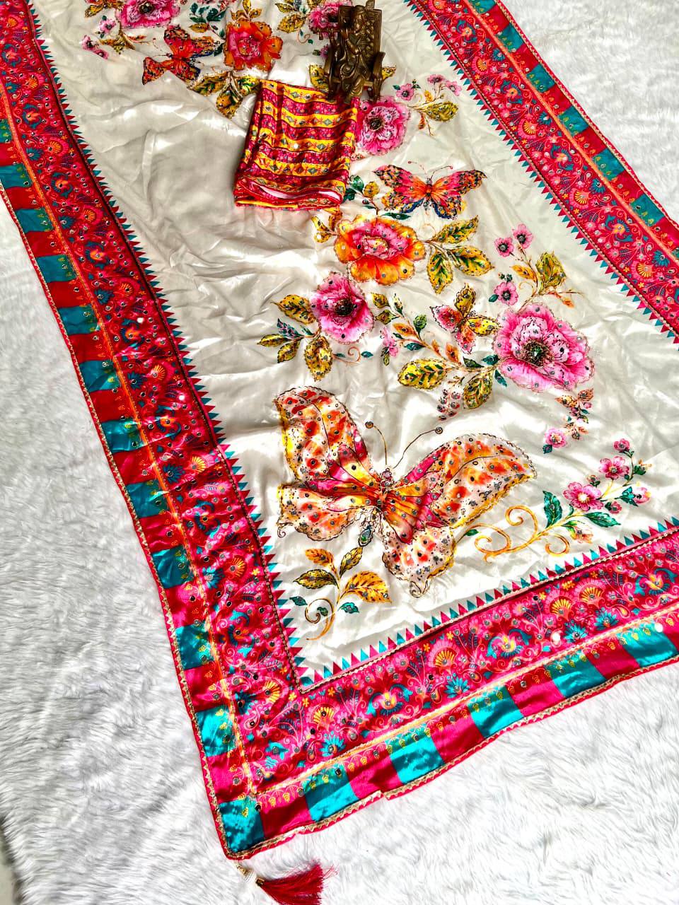 Premium Ivory Butterfly Embroidery Saree with Hot Pink & Teal Designer Border