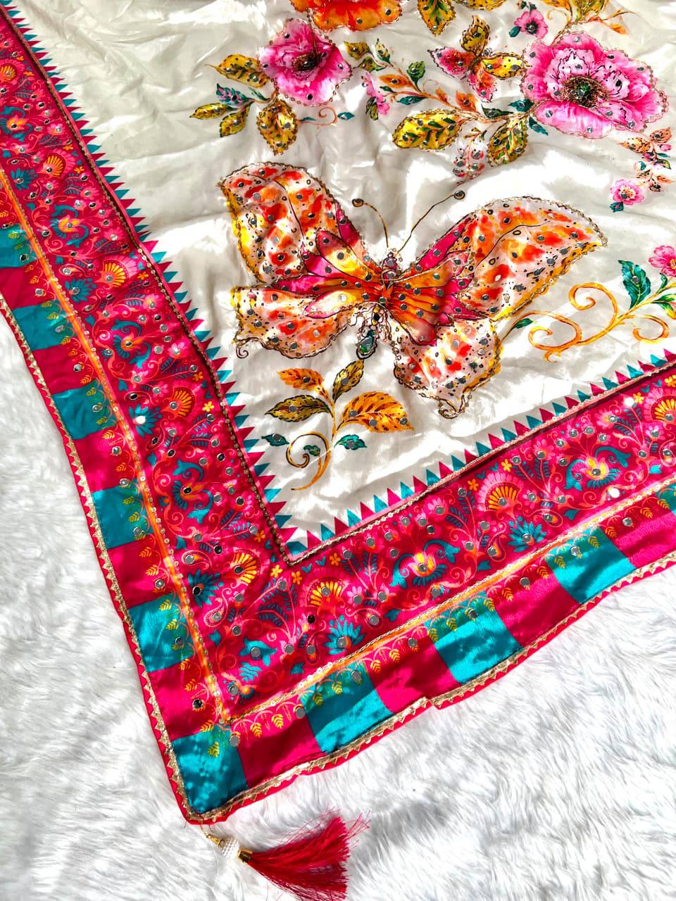 Premium Ivory Butterfly Embroidery Saree with Hot Pink & Teal Designer Border