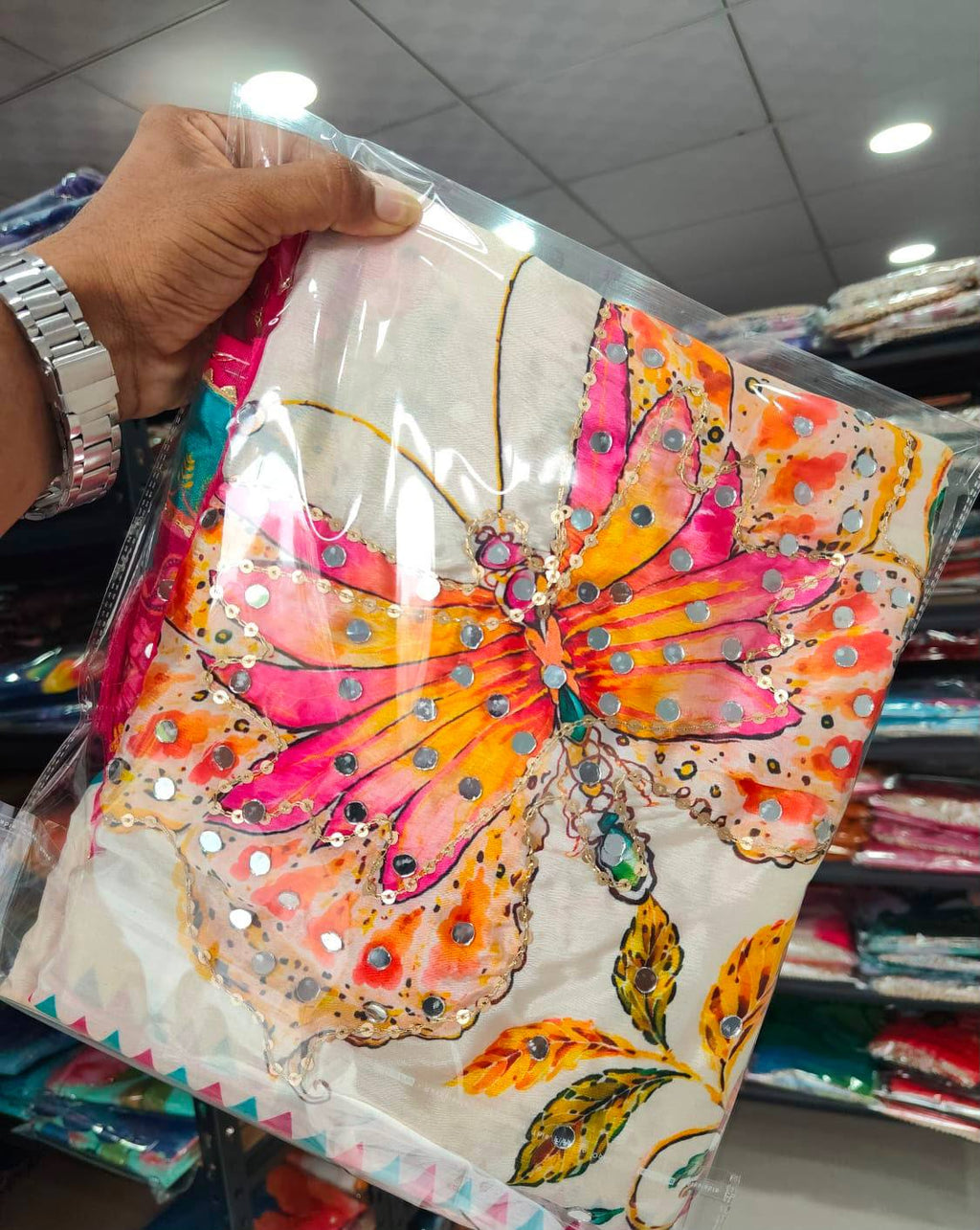 Premium Ivory Butterfly Embroidery Saree with Hot Pink & Teal Designer Border