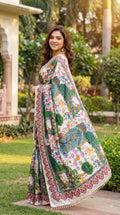 Premium Digital Print Floral & Nature Art Designer Saree with Contrast Ethnic Border