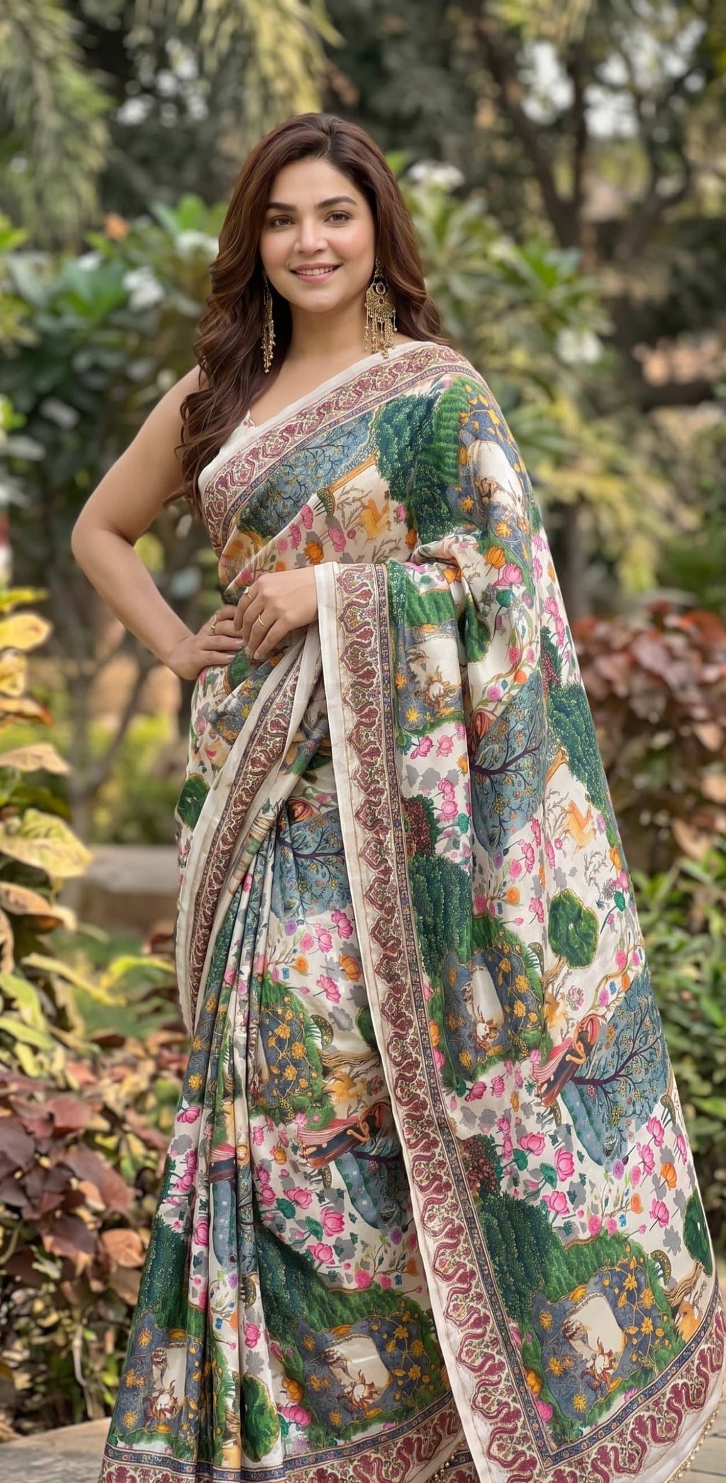 Premium Digital Print Floral & Nature Art Designer Saree with Contrast Ethnic Border