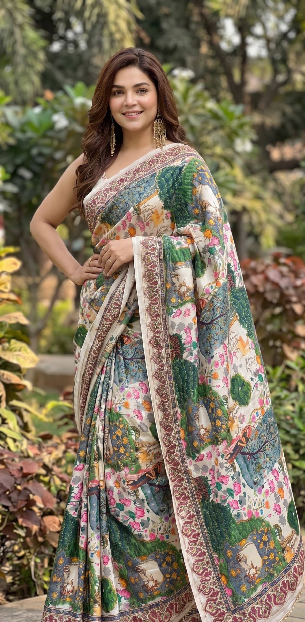 Premium Digital Print Floral & Nature Art Designer Saree with Contrast Ethnic Border
