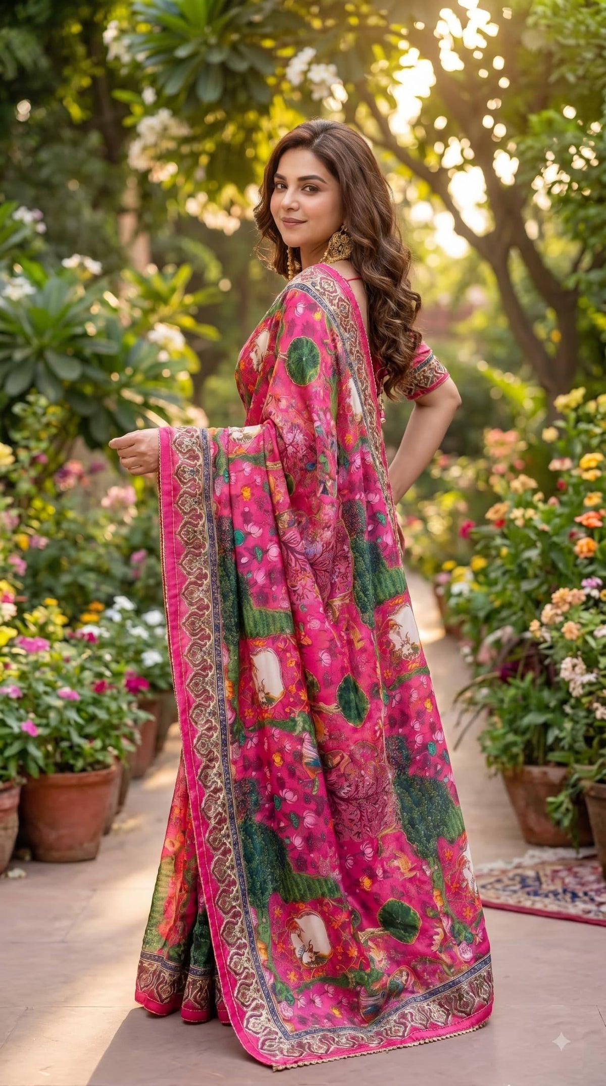 Premium Digital Print Floral & Nature Art Designer Saree with Contrast Ethnic Border
