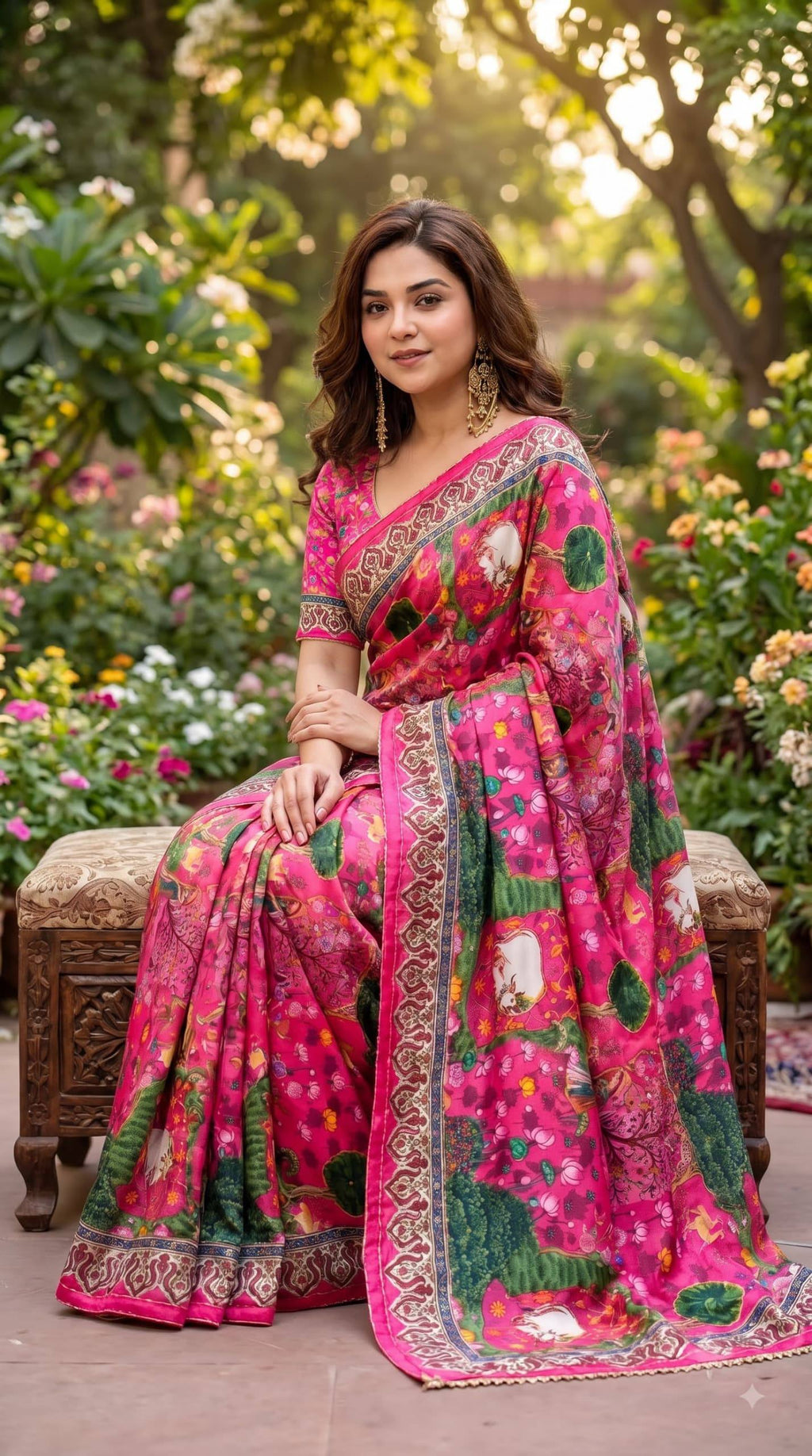 Premium Digital Print Floral & Nature Art Designer Saree with Contrast Ethnic Border