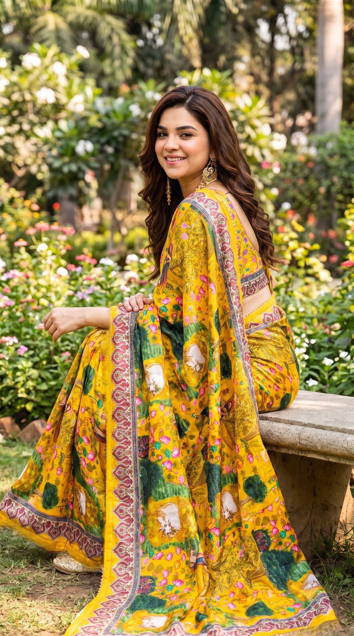 Premium Digital Print Floral & Nature Art Designer Saree with Contrast Ethnic Border