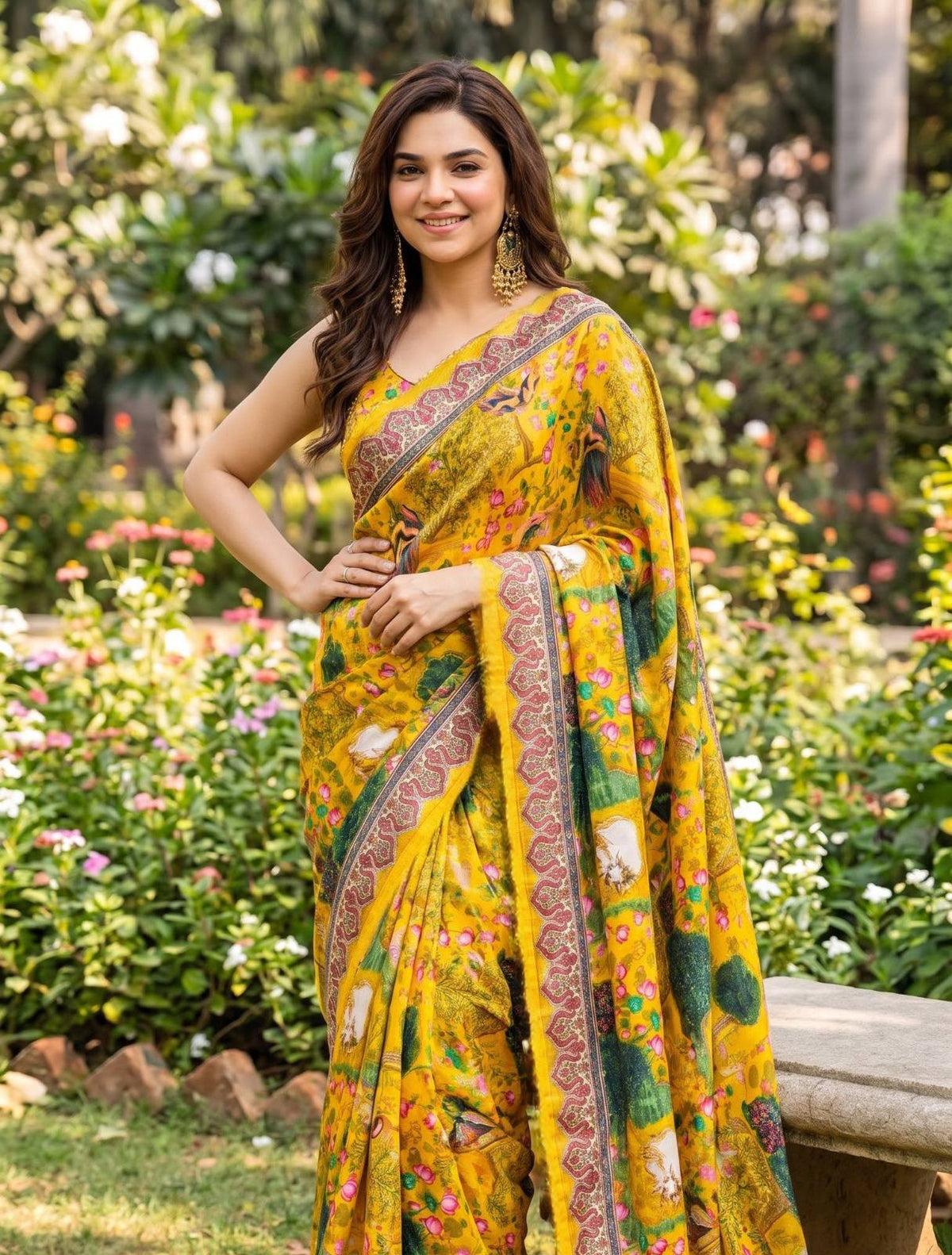 Premium Digital Print Floral & Nature Art Designer Saree with Contrast Ethnic Border