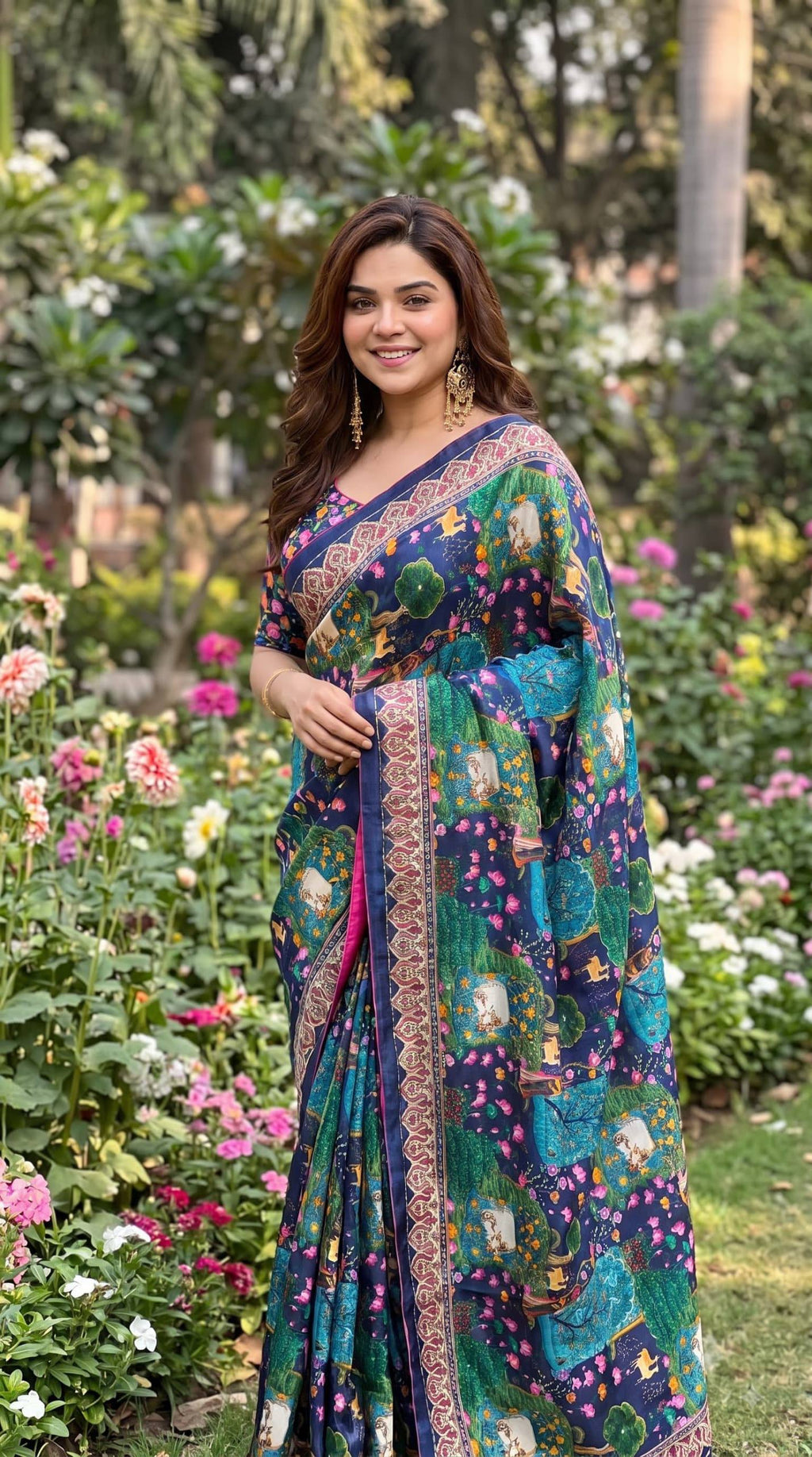 Premium Digital Print Floral & Nature Art Designer Saree with Contrast Ethnic Border