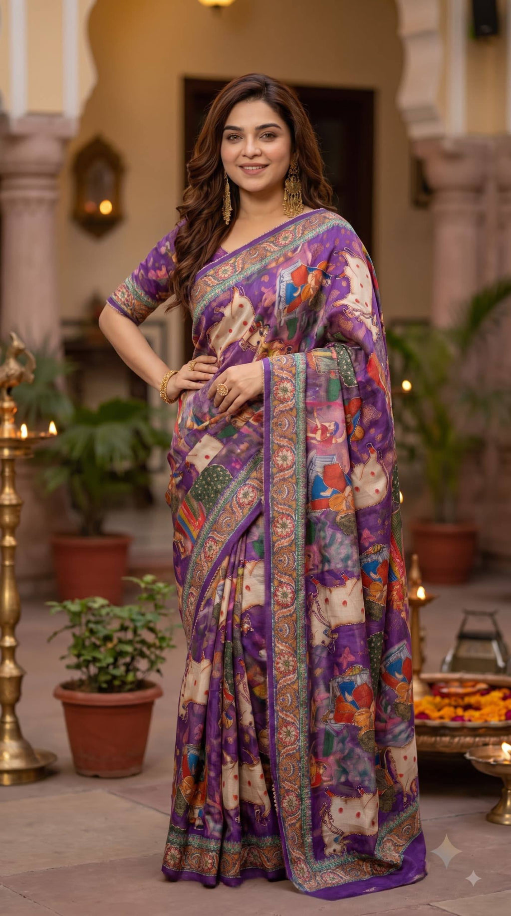 Premium Digital Print Floral & Nature Art Designer Saree with Contrast Ethnic Border