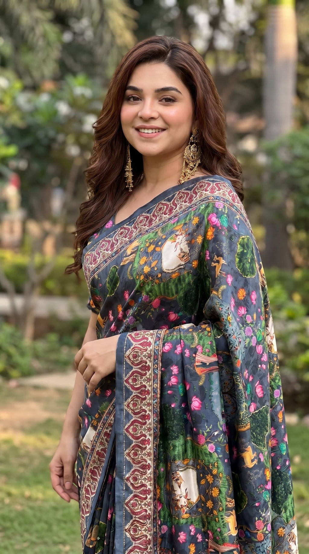 Premium Digital Print Floral & Nature Art Designer Saree with Contrast Ethnic Border