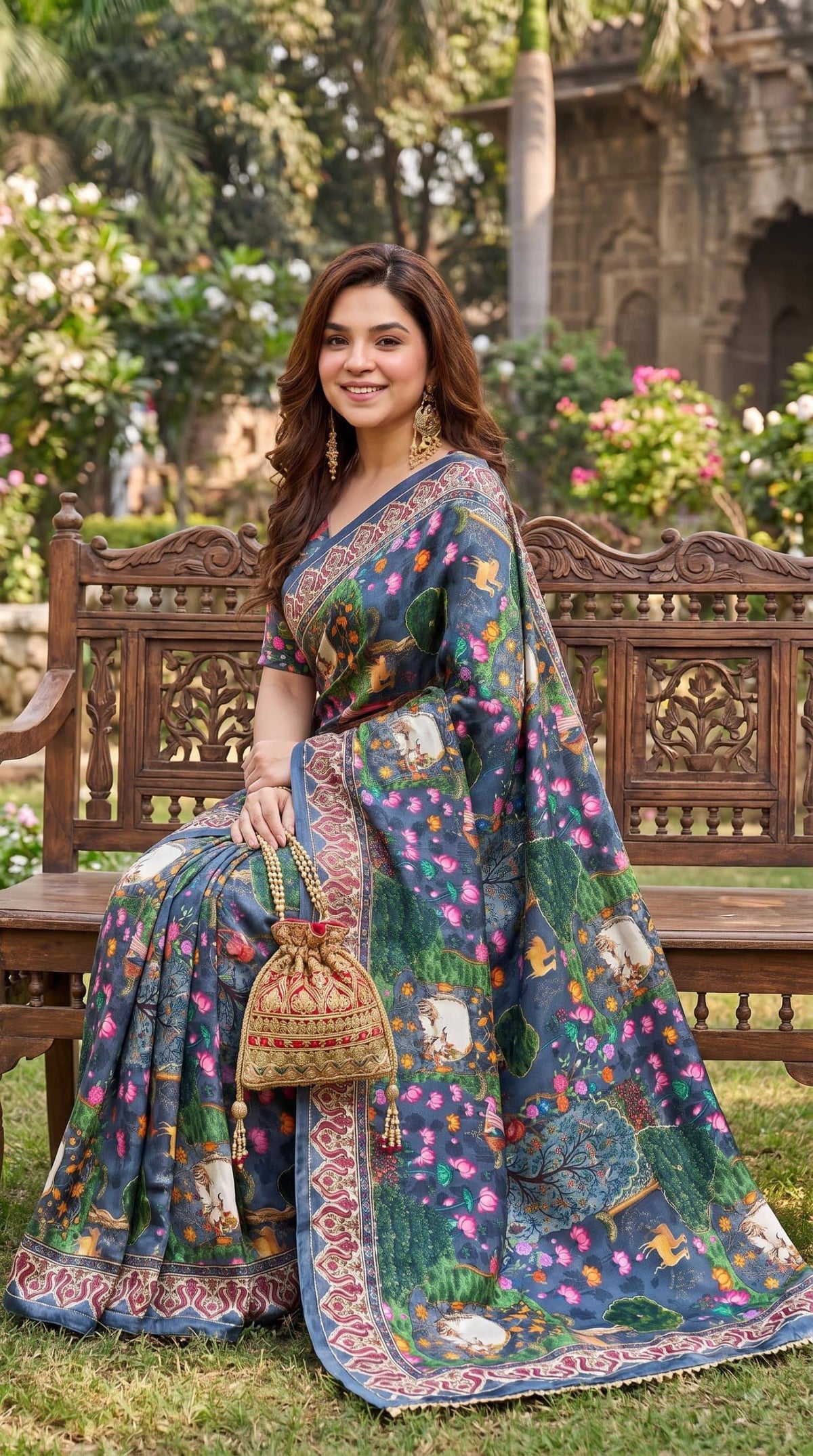 Premium Digital Print Floral & Nature Art Designer Saree with Contrast Ethnic Border