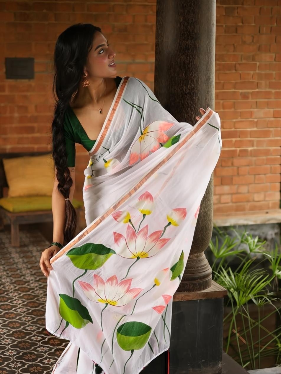 Premium Lotus Bloom White Linen Digital Print Saree with Contrast Border