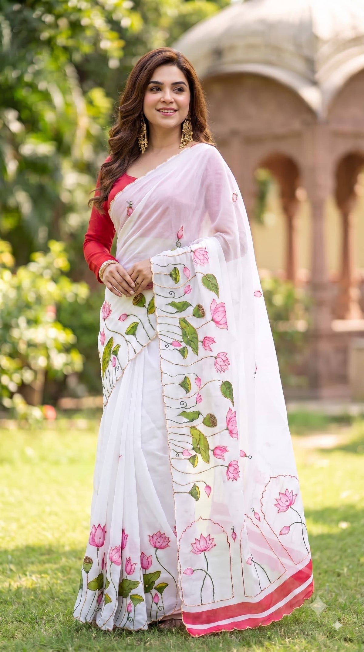 Premium Lotus Embroidery Georgette Saree – Multicolor Floral Designer Collection