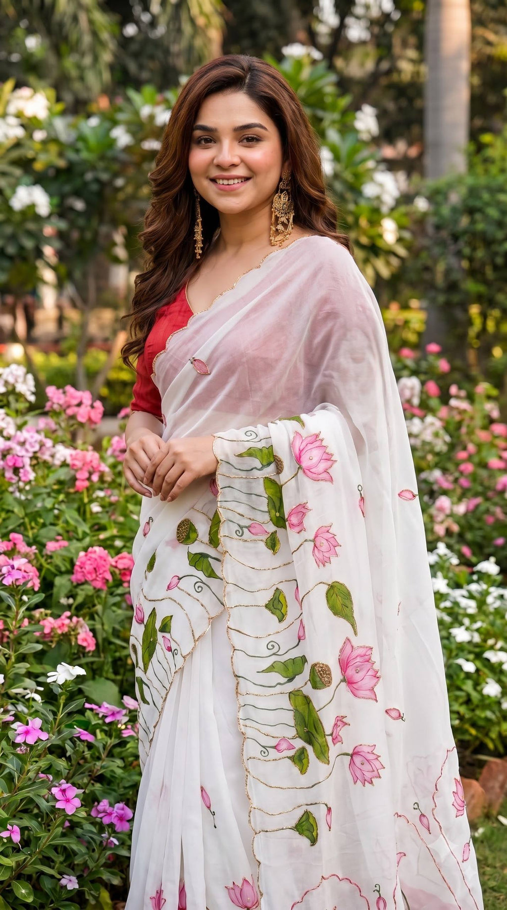 Premium Lotus Embroidery Georgette Saree – Multicolor Floral Designer Collection