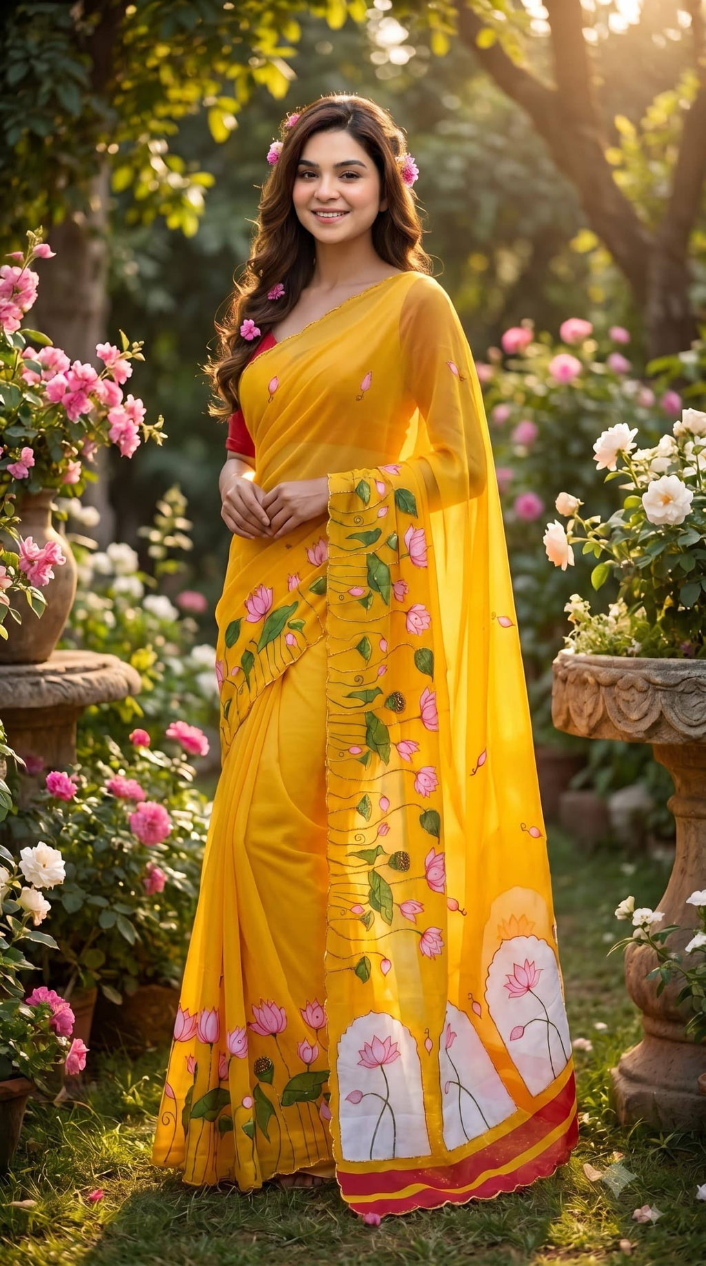Premium Lotus Embroidery Georgette Saree – Multicolor Floral Designer Collection