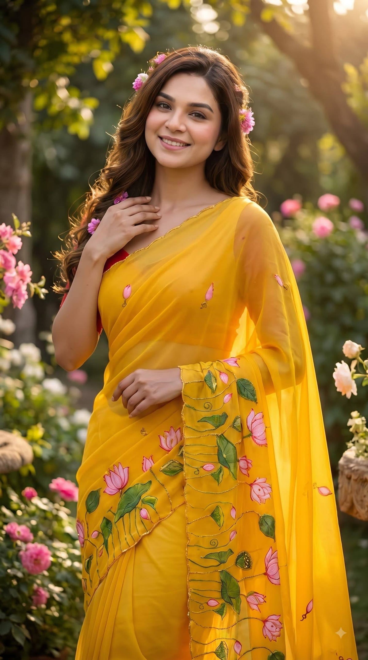 Premium Lotus Embroidery Georgette Saree – Multicolor Floral Designer Collection