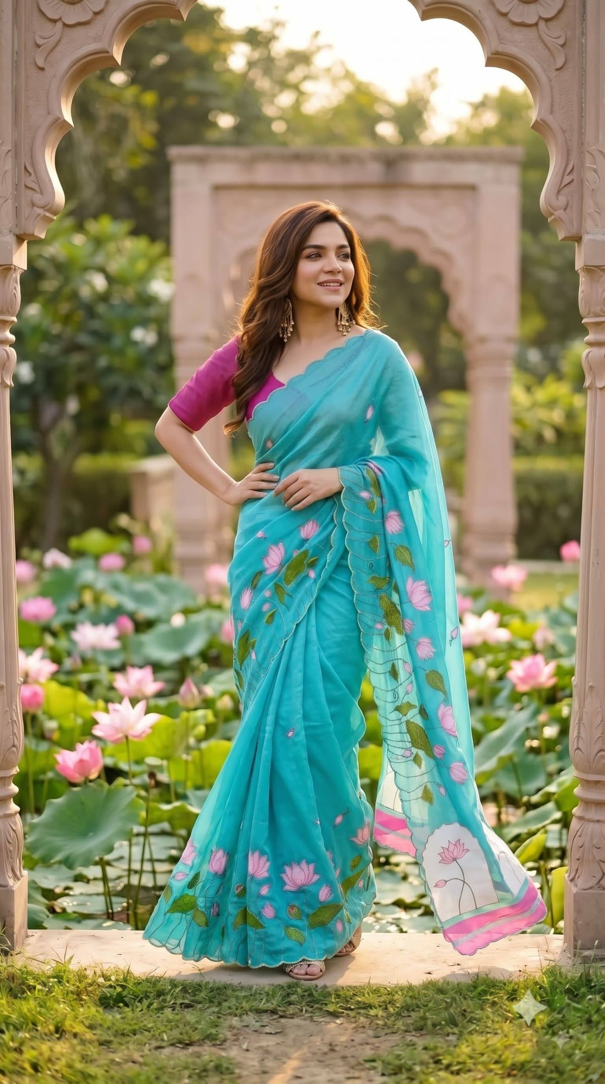 Premium Lotus Embroidery Georgette Saree – Multicolor Floral Designer Collection