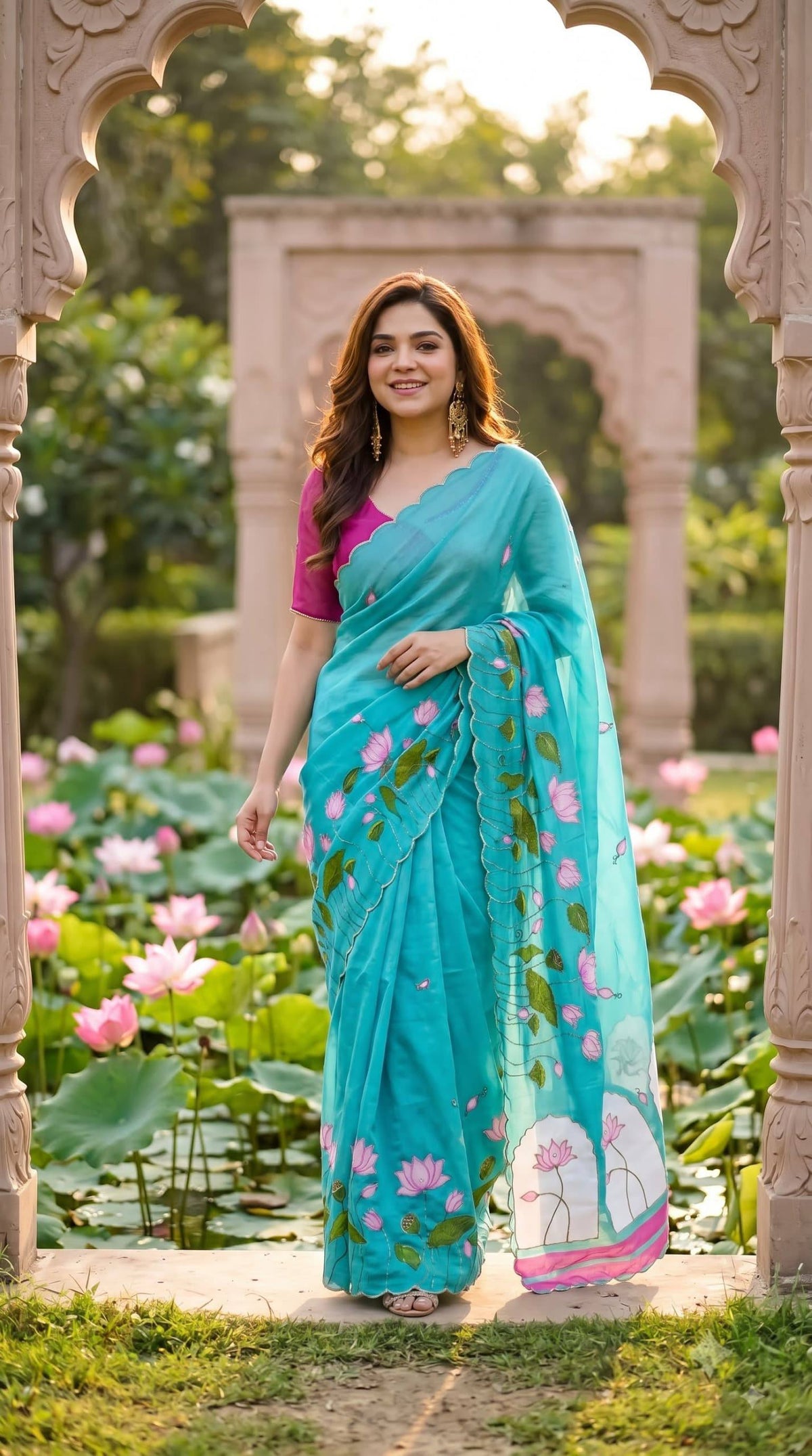 Premium Lotus Embroidery Georgette Saree – Multicolor Floral Designer Collection