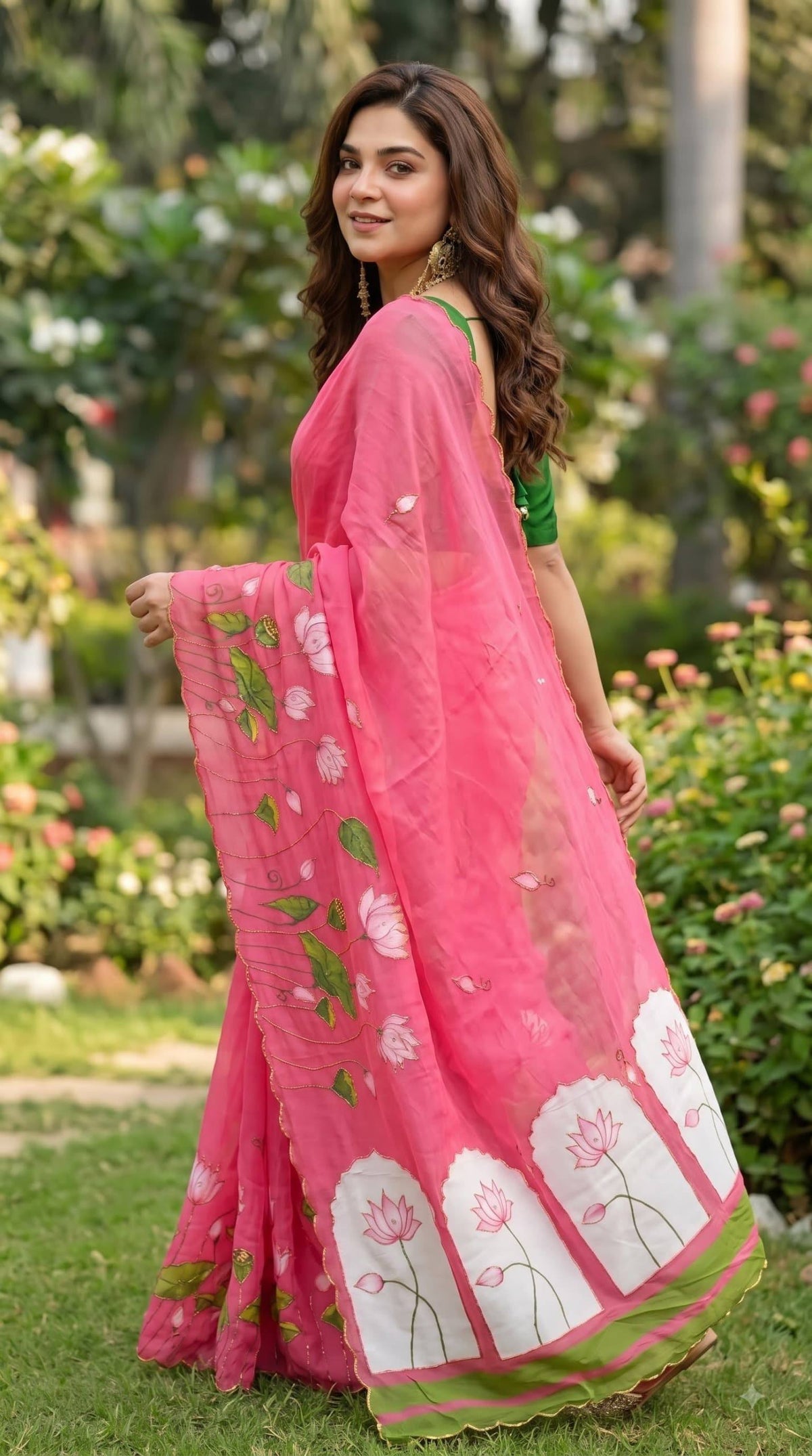 Premium Lotus Embroidery Georgette Saree – Multicolor Floral Designer Collection