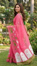 Premium Lotus Embroidery Georgette Saree – Multicolor Floral Designer Collection
