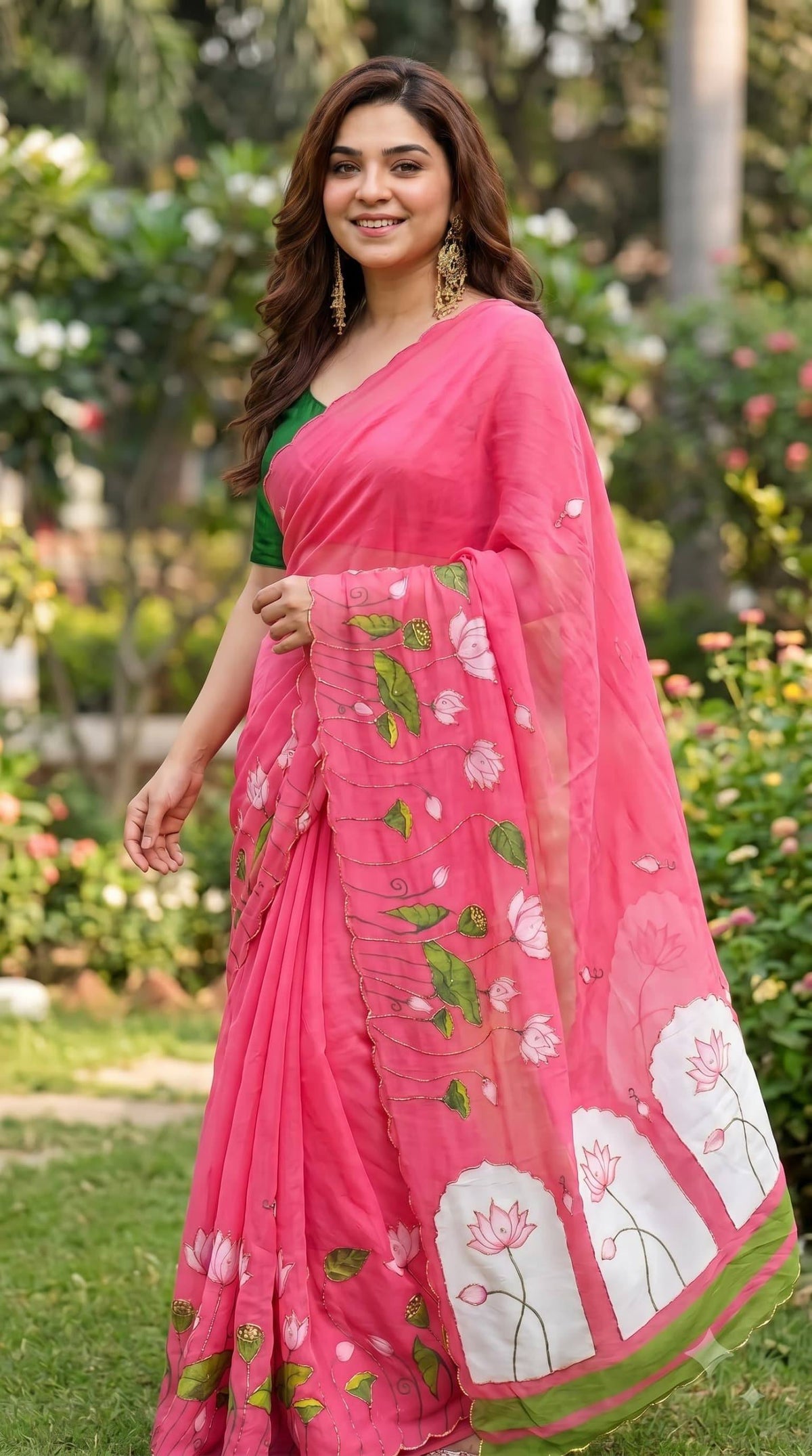 Premium Lotus Embroidery Georgette Saree – Multicolor Floral Designer Collection