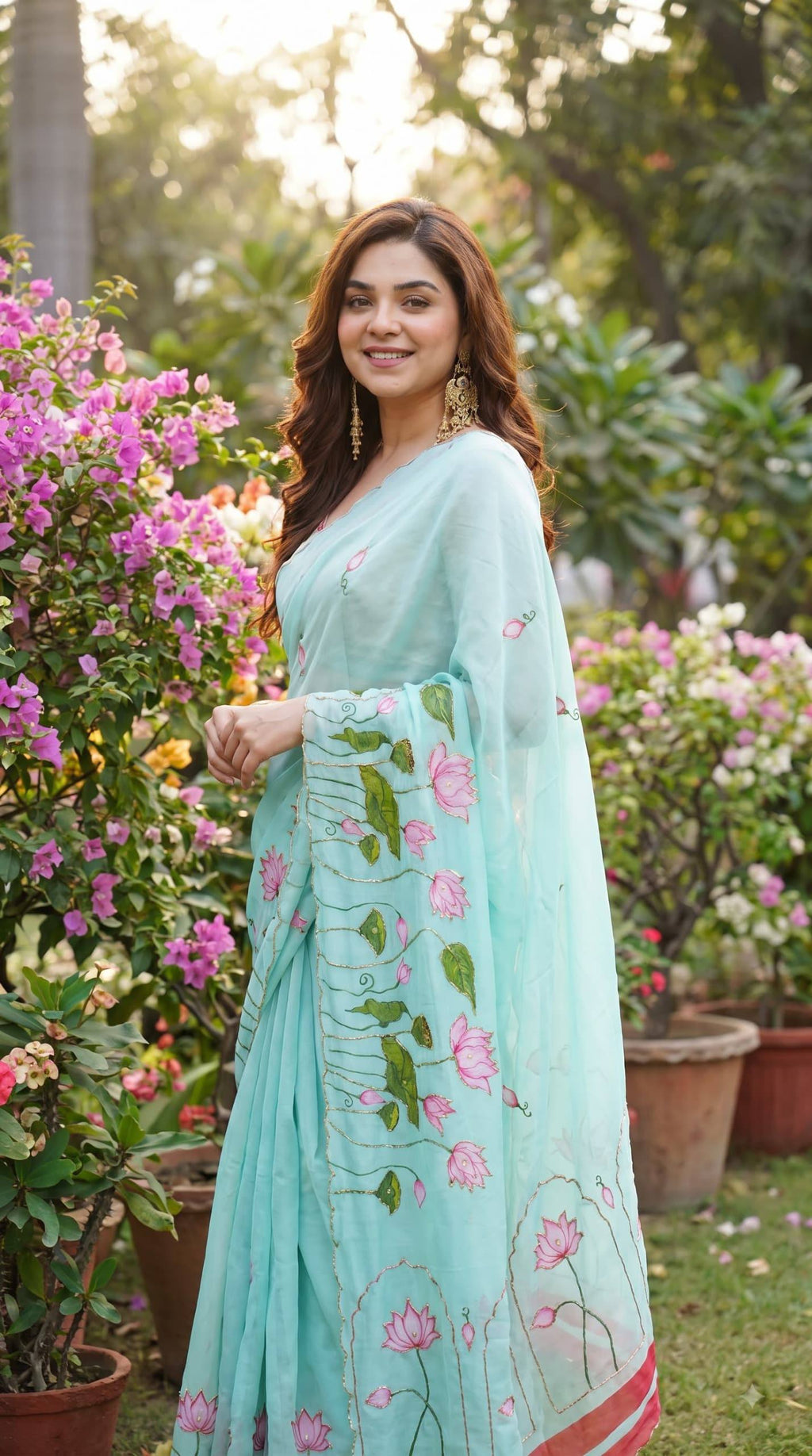 Premium Lotus Embroidery Georgette Saree – Multicolor Floral Designer Collection