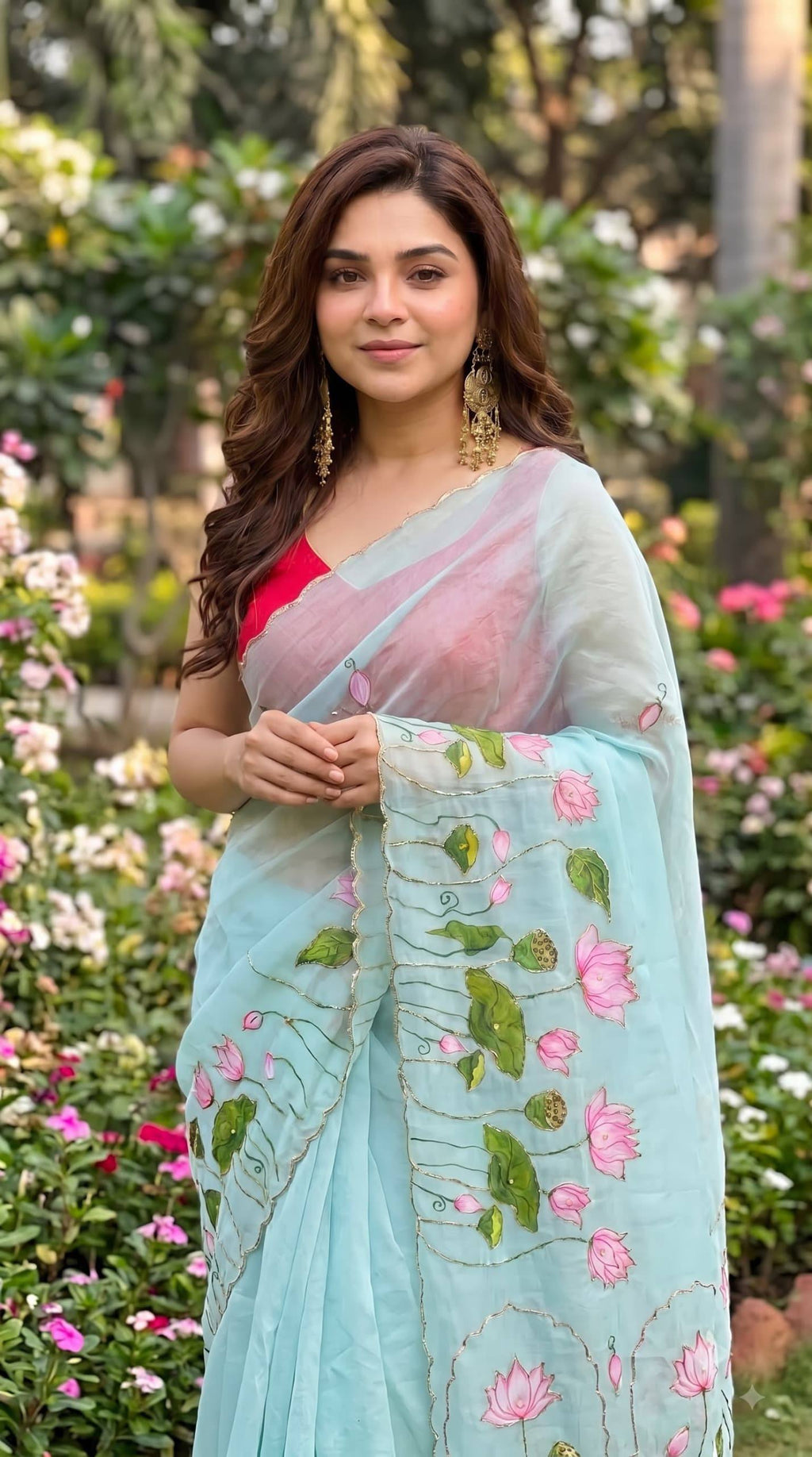 Premium Lotus Embroidery Georgette Saree – Multicolor Floral Designer Collection