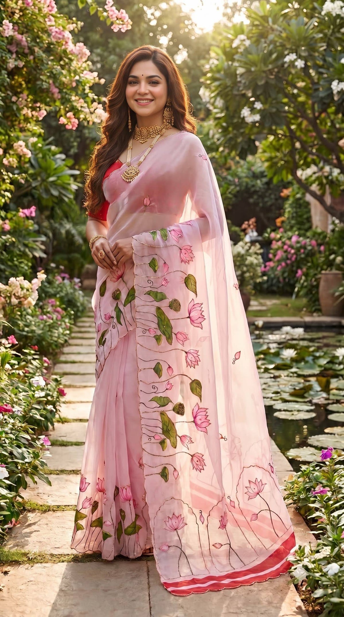 Premium Lotus Embroidery Georgette Saree – Multicolor Floral Designer Collection