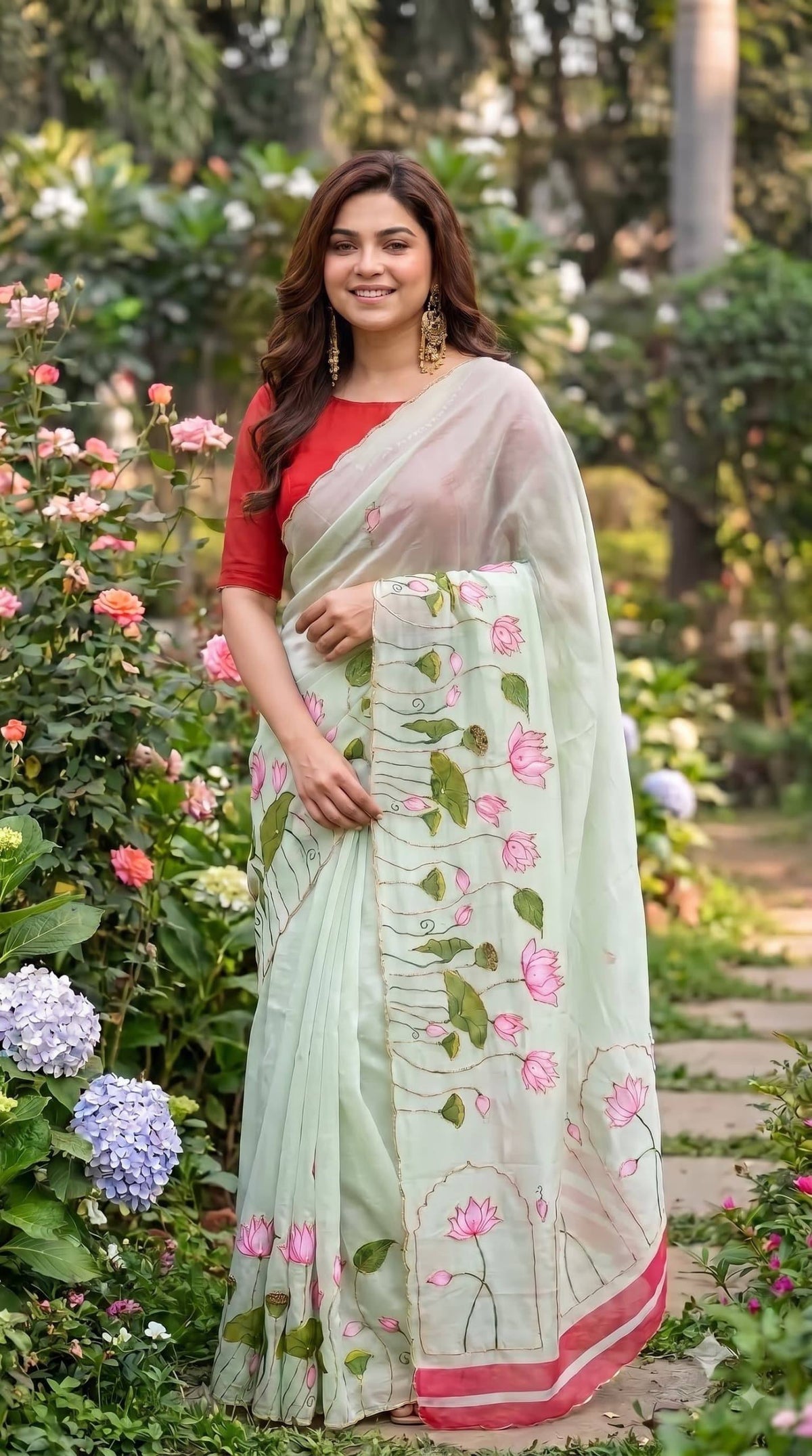 Premium Lotus Embroidery Georgette Saree – Multicolor Floral Designer Collection