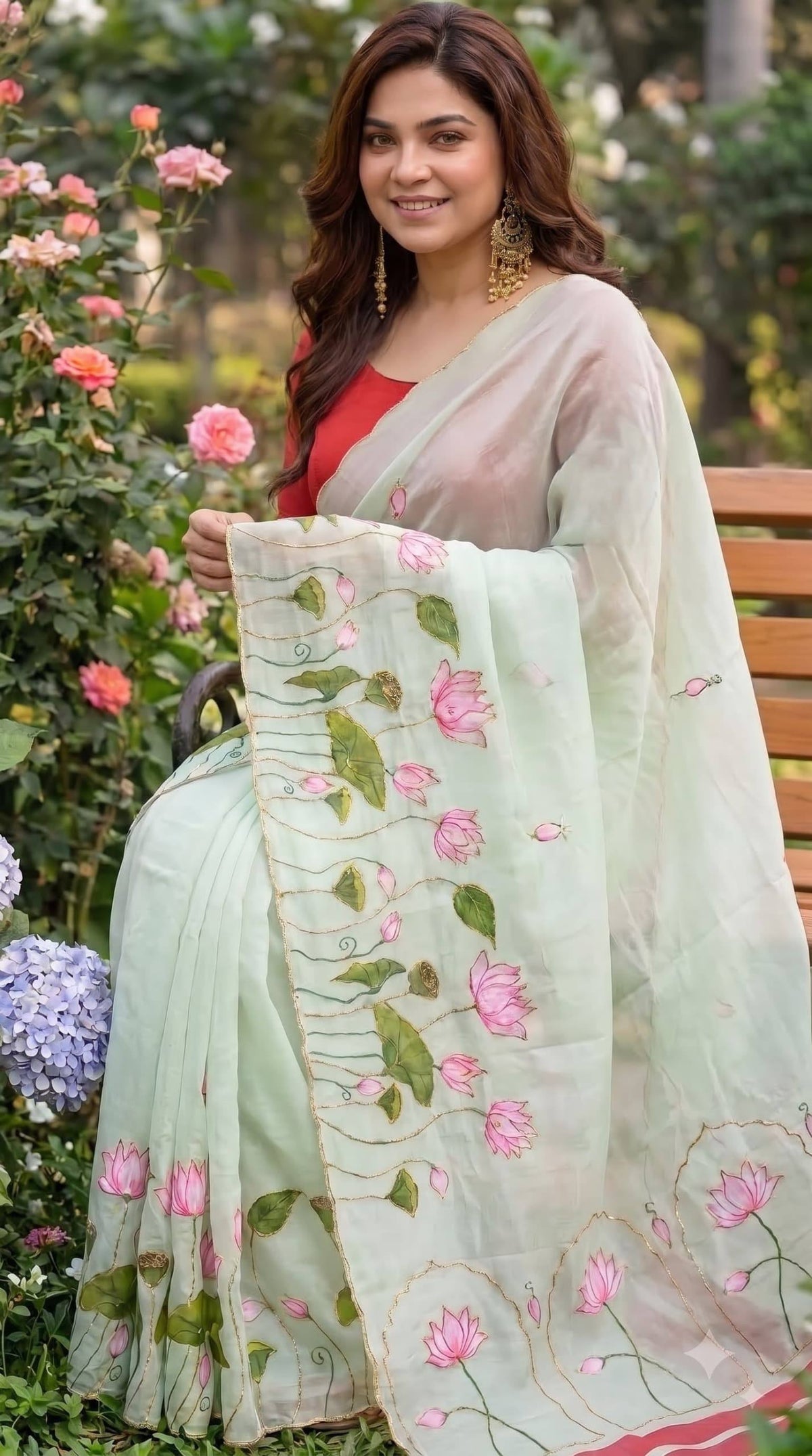 Premium Lotus Embroidery Georgette Saree – Multicolor Floral Designer Collection