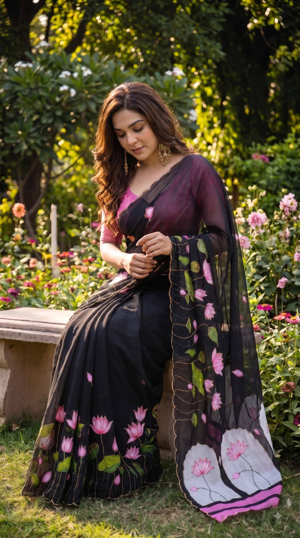 Premium Lotus Embroidery Georgette Saree – Multicolor Floral Designer Collection