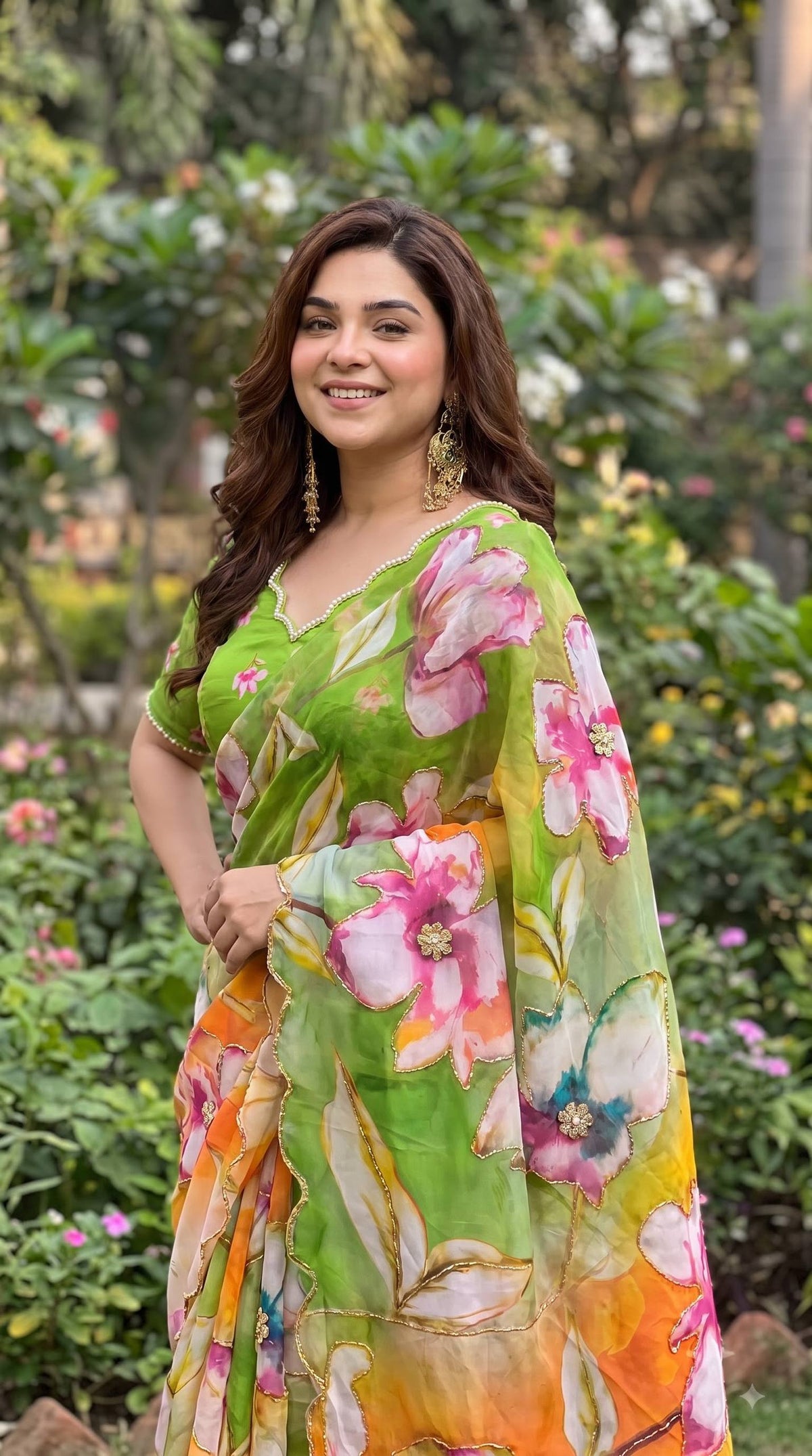 Premium Multicolor Floral Print Organza Saree with Designer Scalloped Lace Border