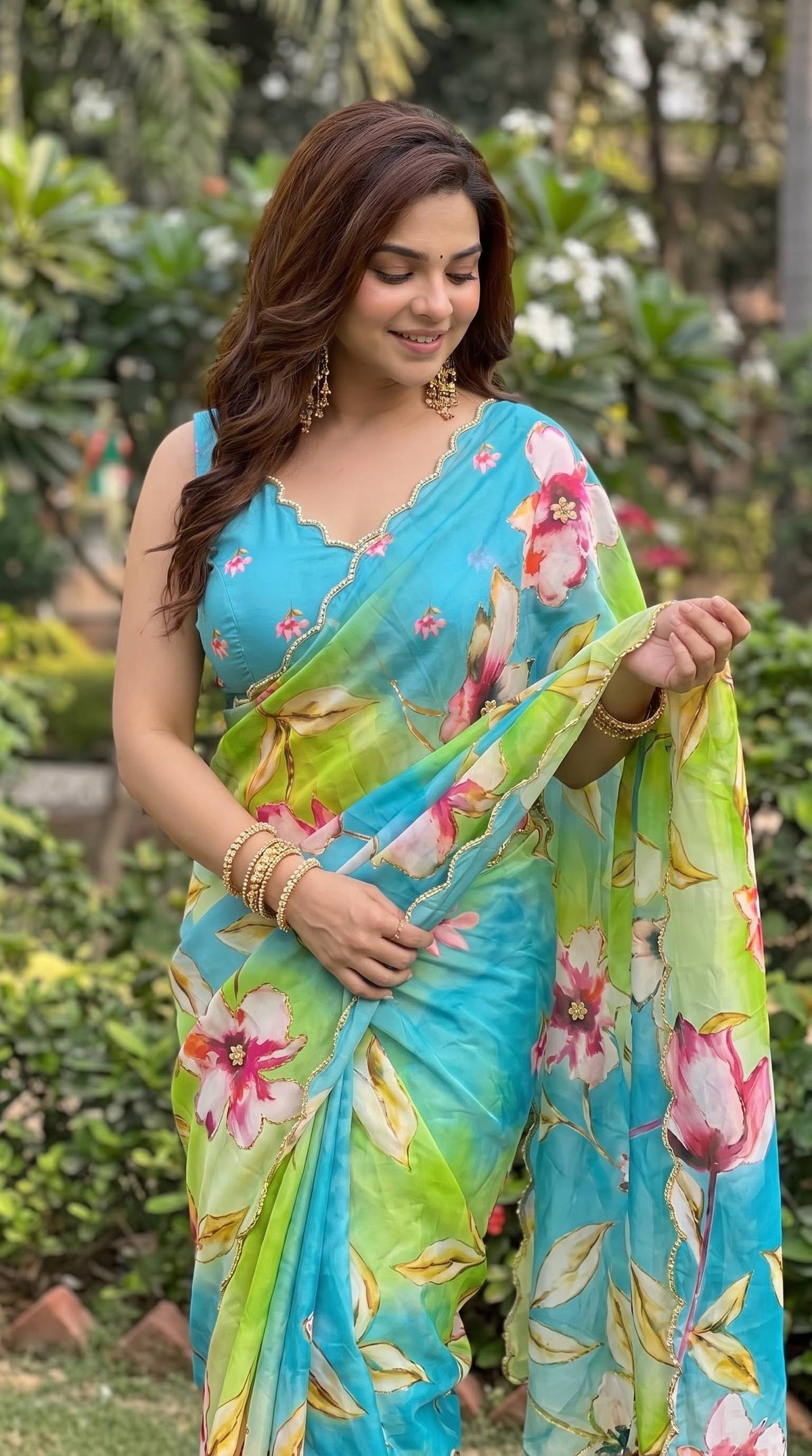 Premium Multicolor Floral Print Organza Saree with Designer Scalloped Lace Border