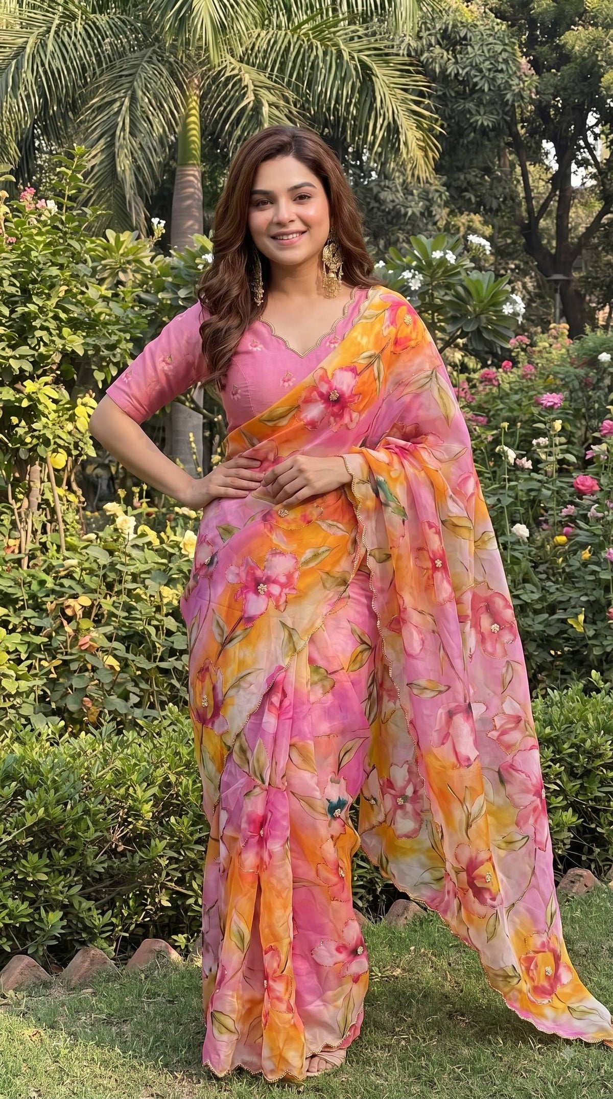 Premium Multicolor Floral Print Organza Saree with Designer Scalloped Lace Border