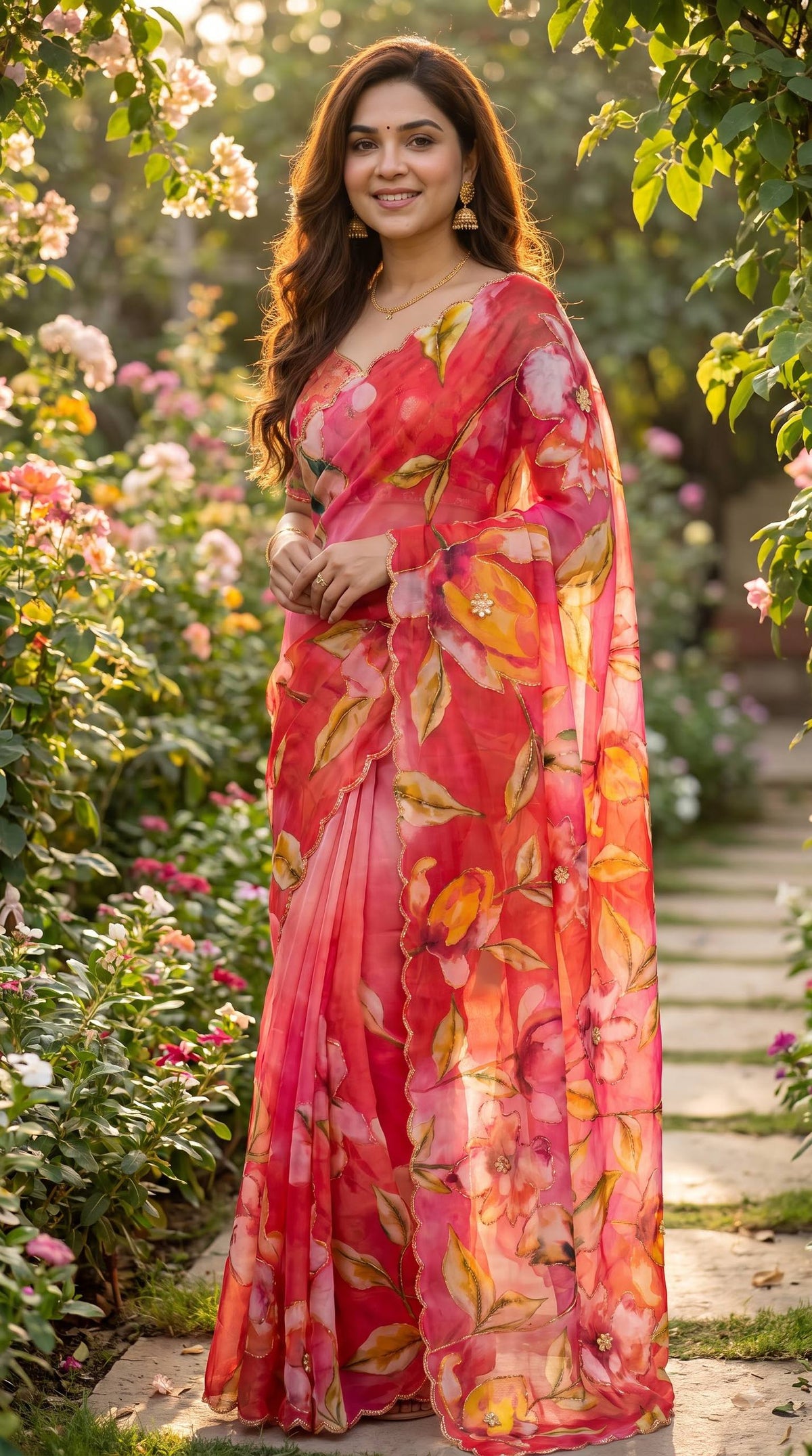 Premium Multicolor Floral Print Organza Saree with Designer Scalloped Lace Border