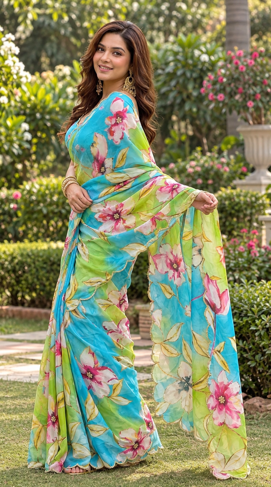 Premium Multicolor Floral Print Organza Saree with Designer Scalloped Lace Border