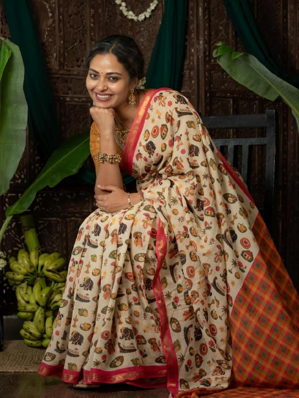 Mangalya MG690 cream linen saree with folk-art print and pink gold border