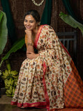 Mangalya MG690 cream linen saree with folk-art print and pink gold border