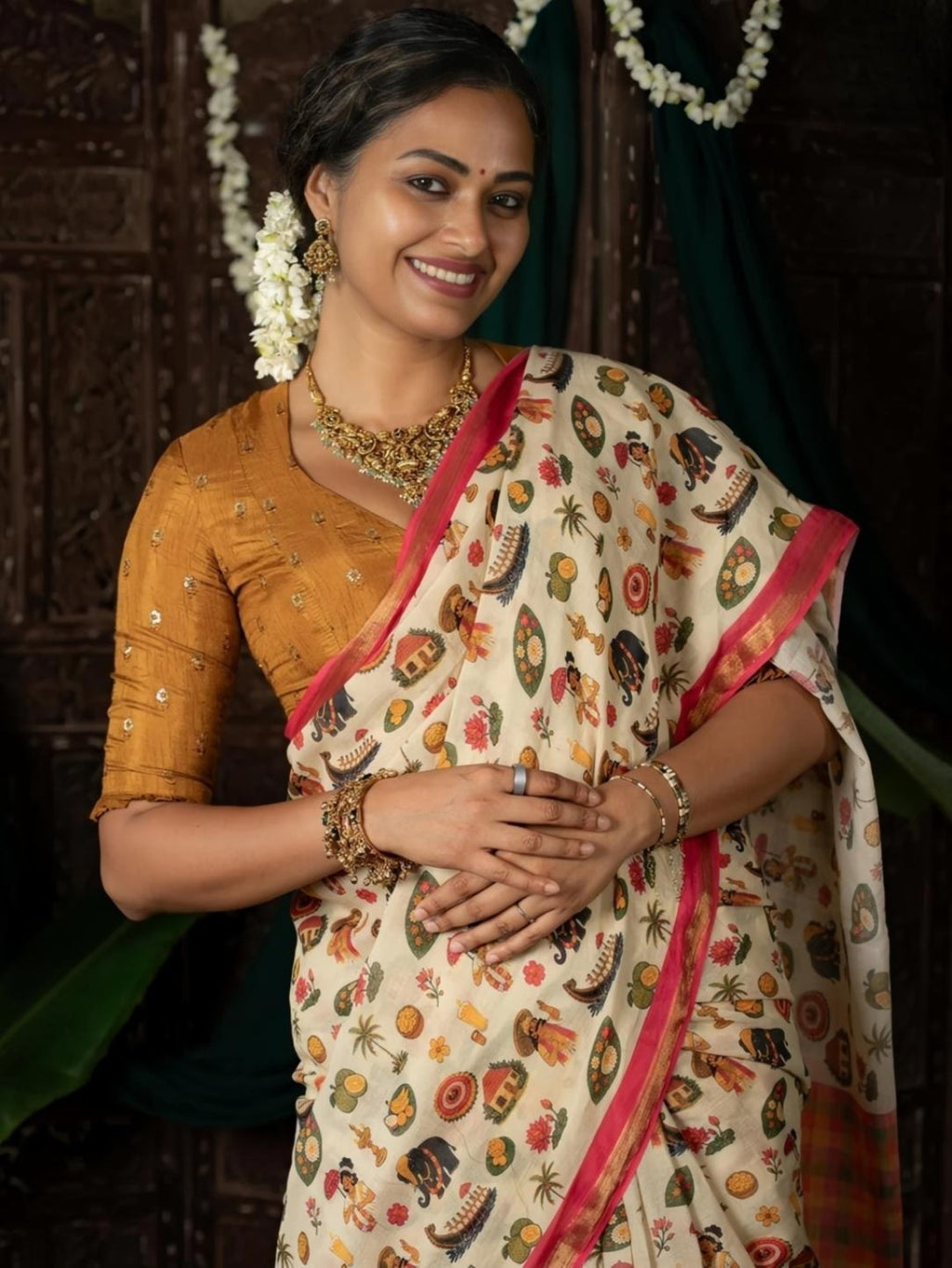 Cream printed saree with colourful checked pallu