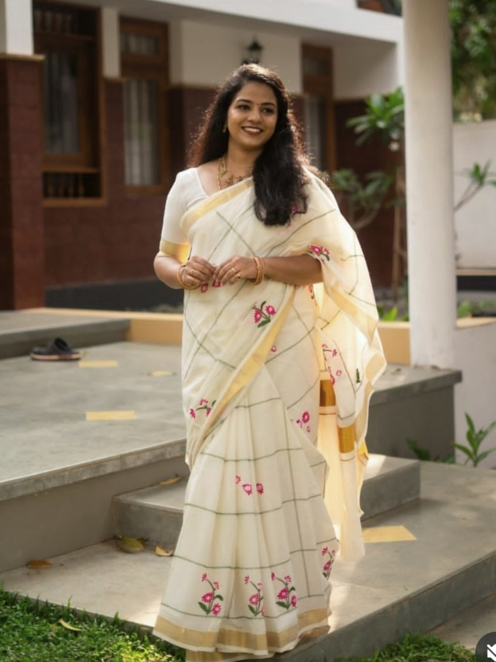 Cream saree with pink floral digital print and matching blouse