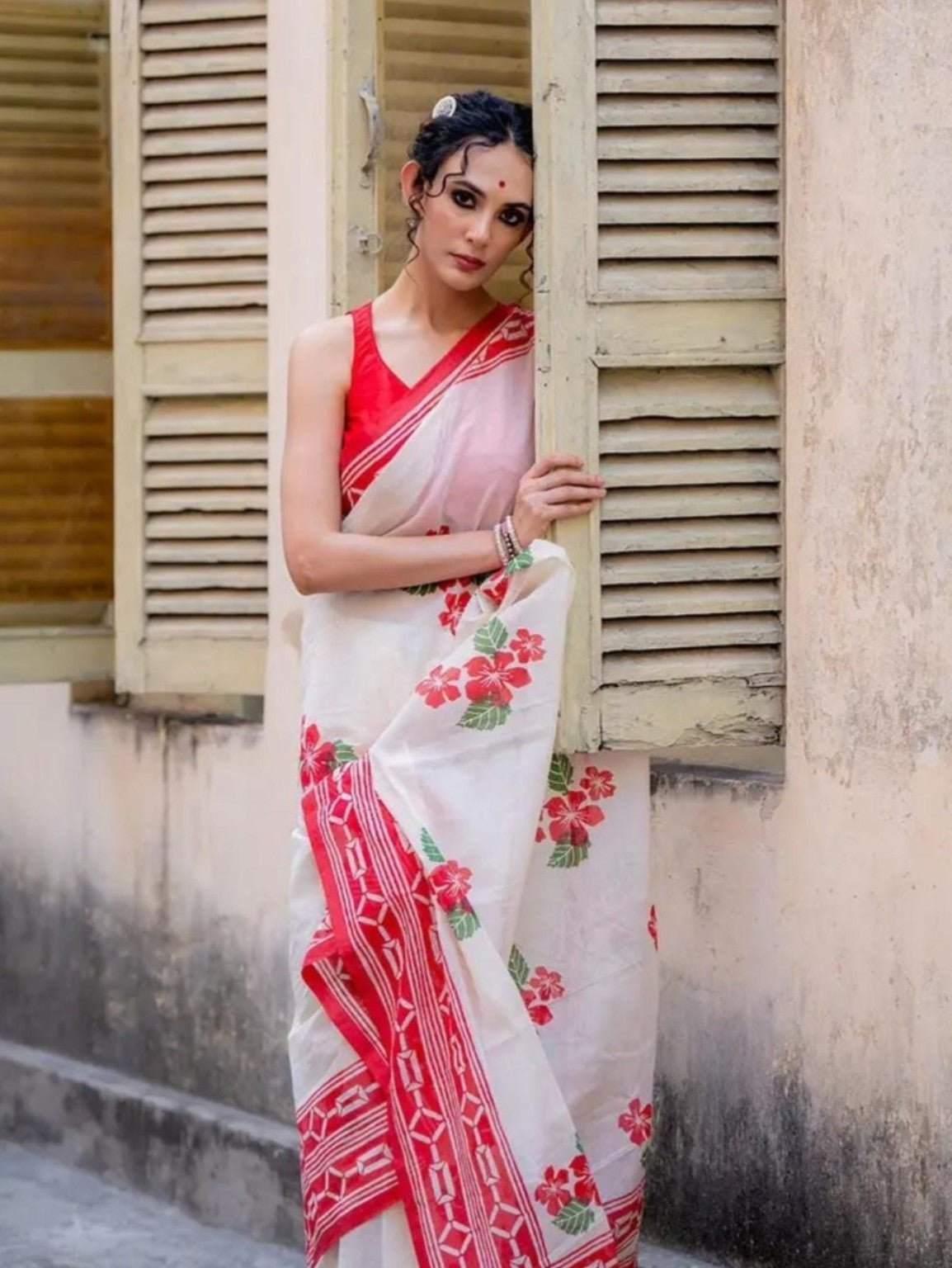 White and red floral digital print linen saree drape