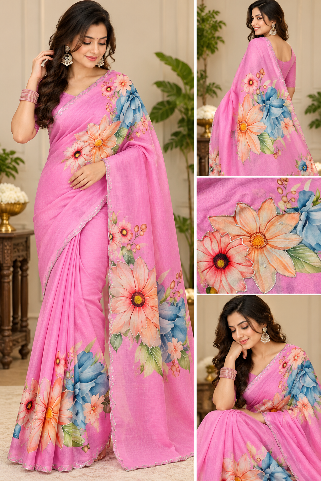 Premium Floral Elegance Linen Saree with Silver Border