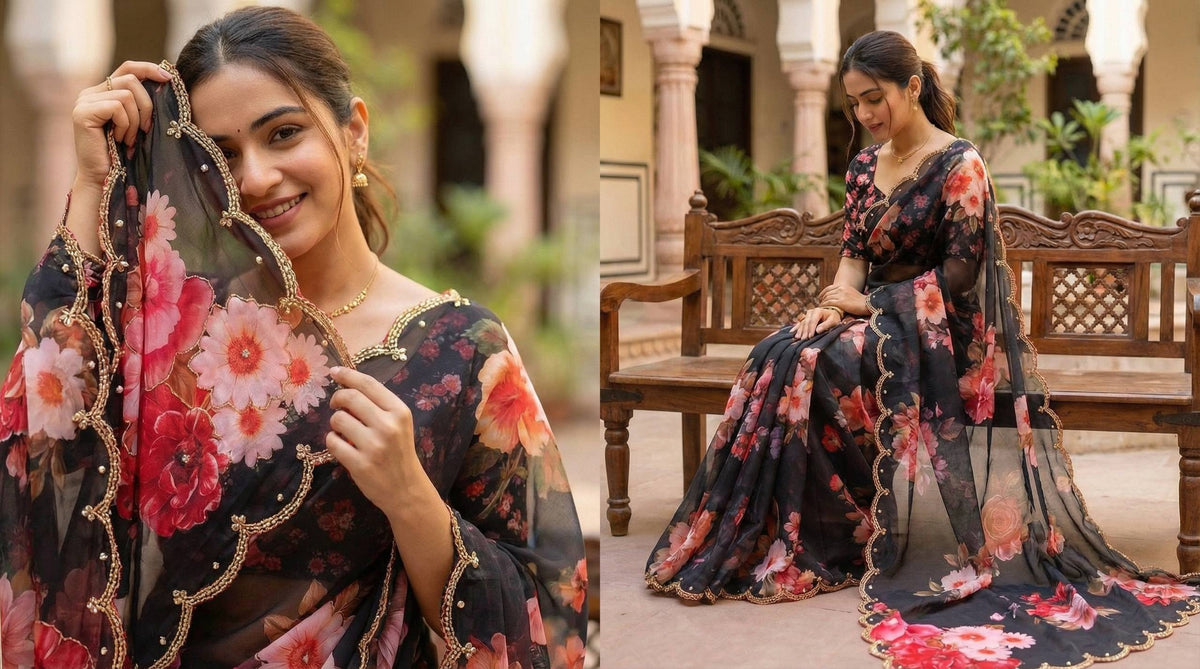 Premium Floral Embroidered Designer Saree with Golden Beadwork