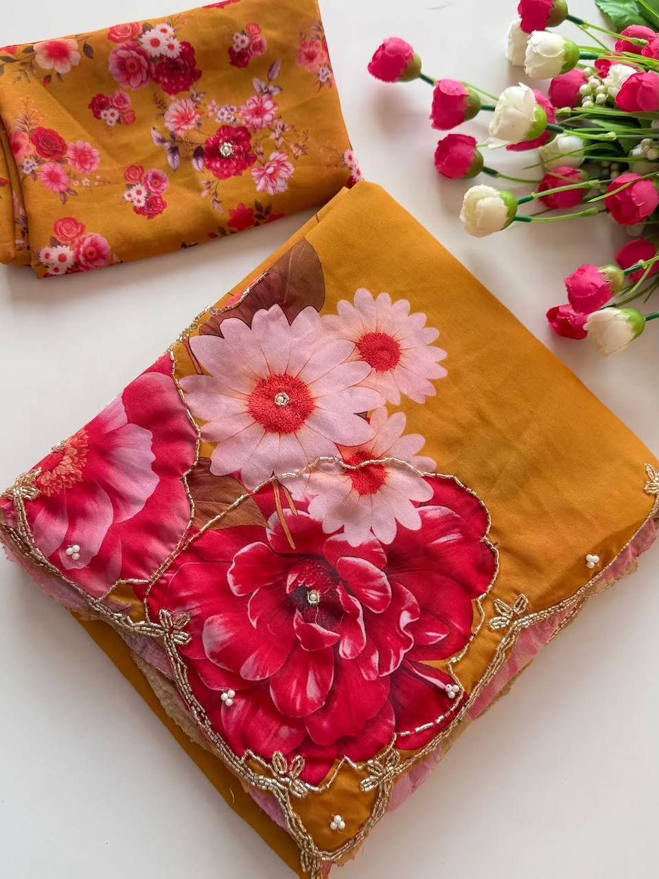 Premium Floral Embroidered Designer Saree with Golden Beadwork