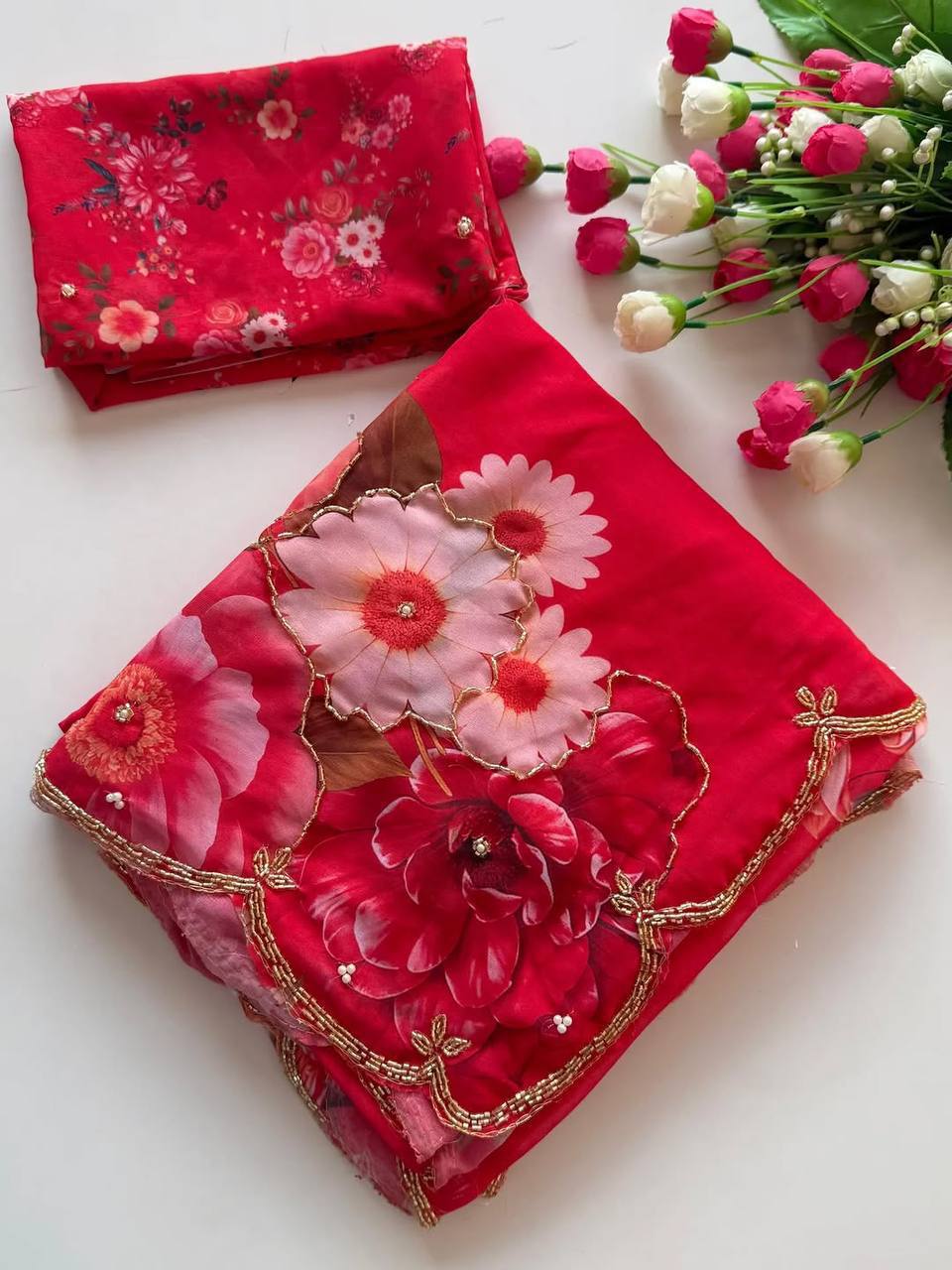 Premium Floral Embroidered Designer Saree with Golden Beadwork