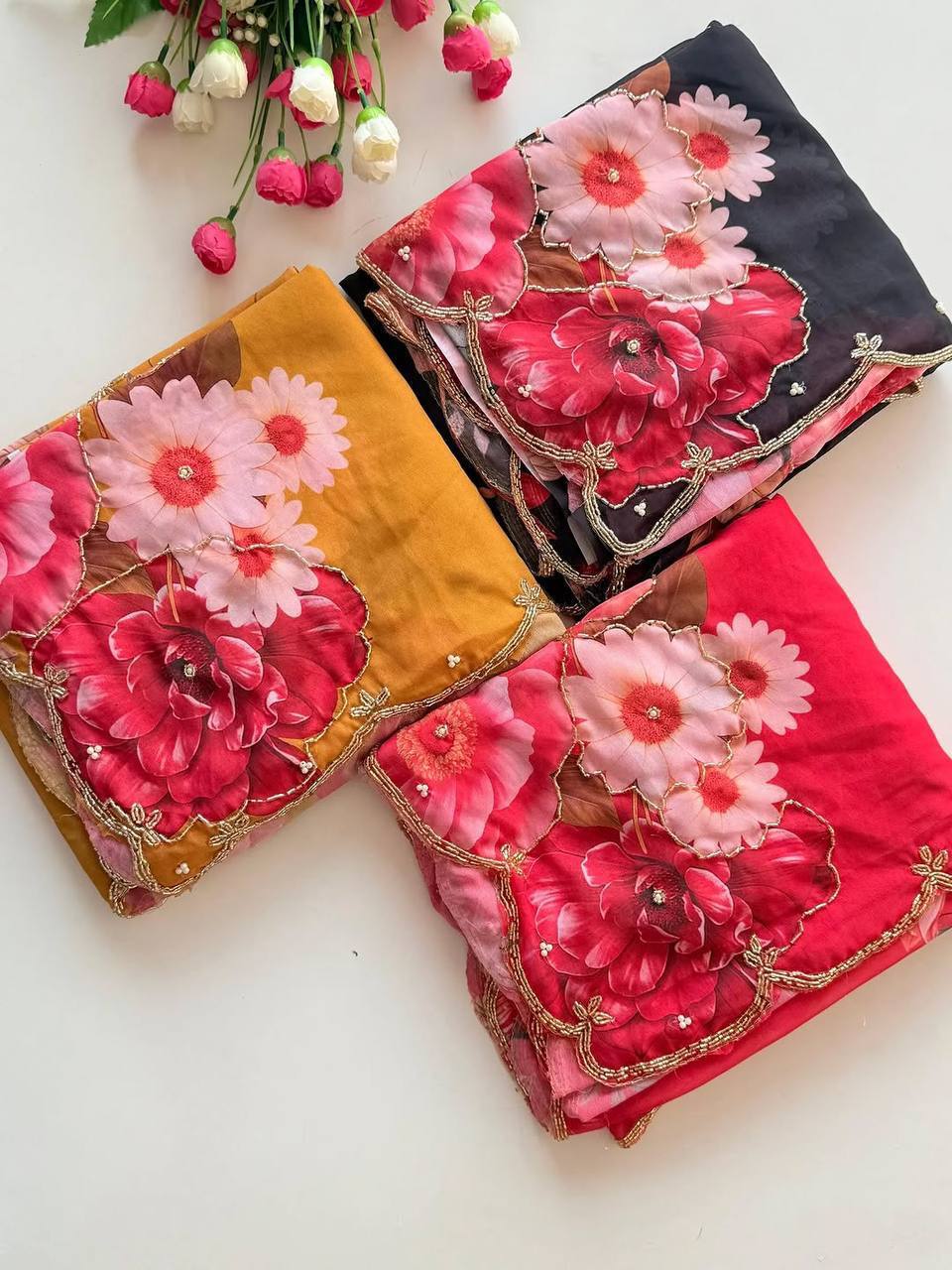 Premium Floral Embroidered Designer Saree with Golden Beadwork